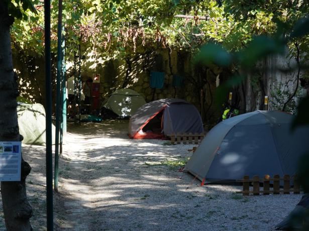 Campeggio ombreggiato con tende, alberi e biciclette parcheggiate.